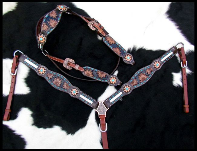 Showman Sunflower Tooled Leather Browband headstall and breastcollar set with cowhide inlays #2